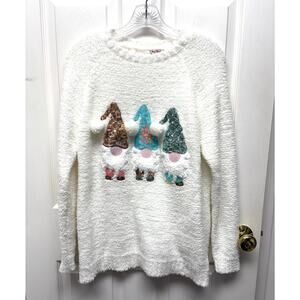 Women’s Fuzzy Sequin Gnome Pom-Pom Christmas Sweater Festive Sparkle Size M